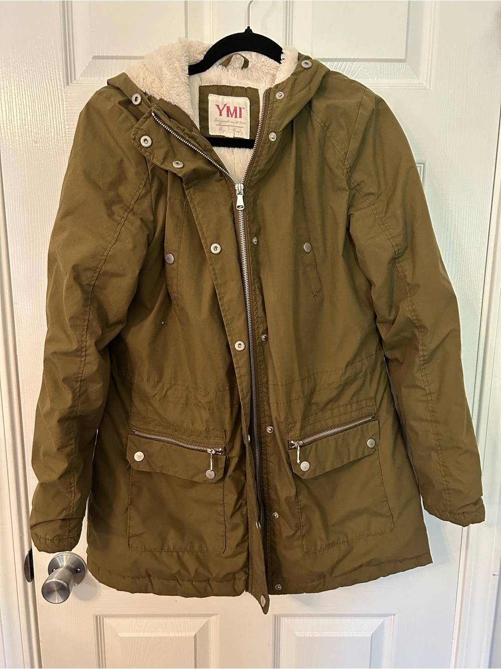 YMI Junior Women’s Olive Green Hooded Parka Coat With Removable Faux Fur Trim